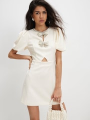 River Island Cream Puff Sleeve Bow Trim Pearl Mini Dress - Image 2 of 4