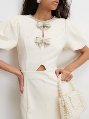 River Island Cream Puff Sleeve Bow Trim Pearl Mini Dress - Image 4 of 4