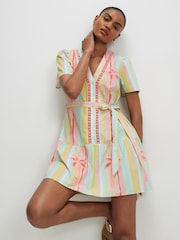 River Island Pink Short Sleeve Stripe Cutwork Belted Shirt Dress - Image 1 of 4