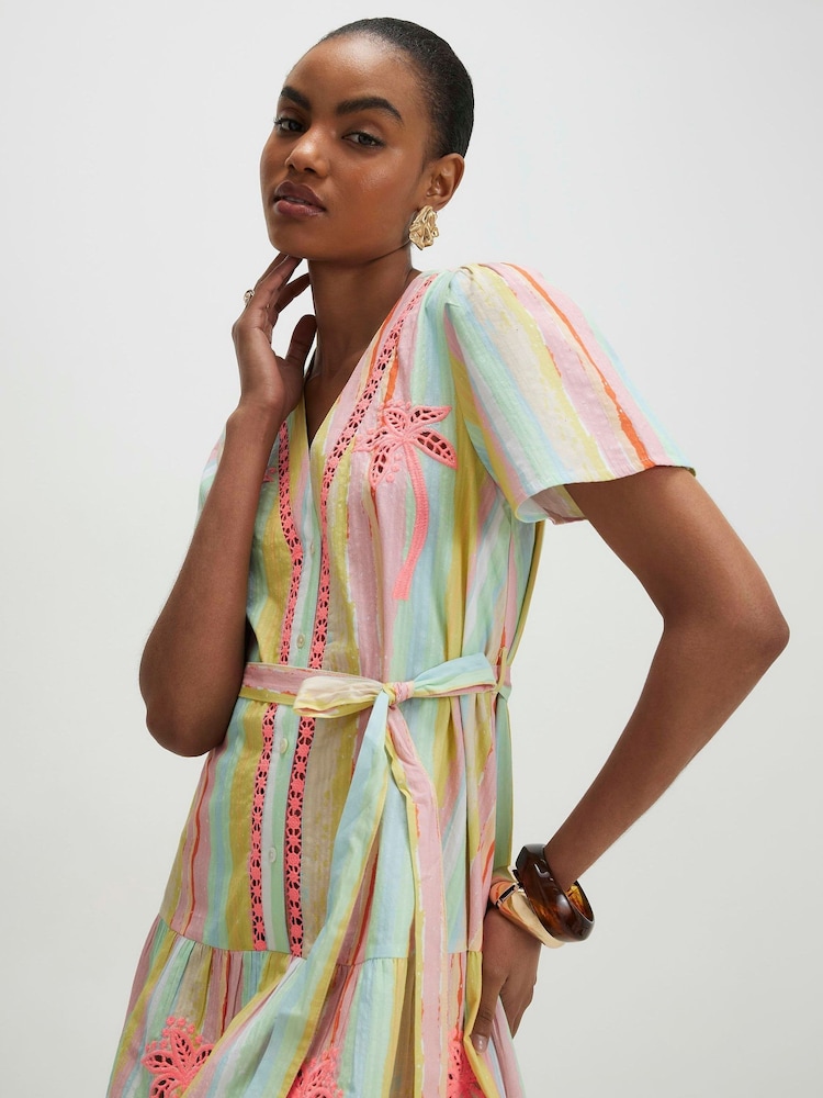 River Island Pink Short Sleeve Stripe Cutwork Belted Shirt Dress - Image 4 of 4