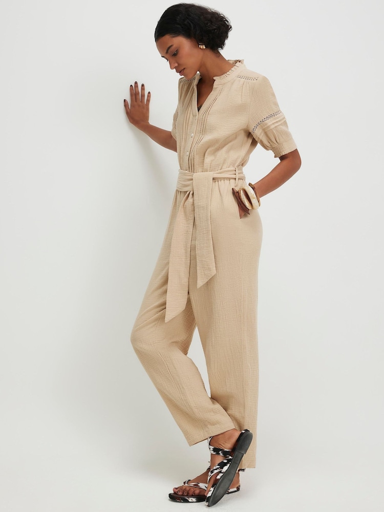 River Island Natural Puff Sleeve Textured Belted Jumpsuit - Image 1 of 4