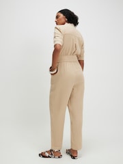 River Island Natural Puff Sleeve Textured Belted Jumpsuit - Image 2 of 4