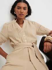 River Island Natural Puff Sleeve Textured Belted Jumpsuit - Image 3 of 4