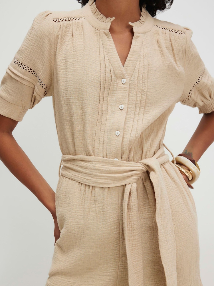 River Island Natural Puff Sleeve Textured Belted Jumpsuit - Image 4 of 4