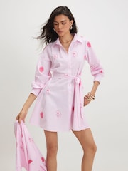 River Island Pink Long Sleeve Stripe Smiley Embroidered Belted Shirt Dress - Image 1 of 4