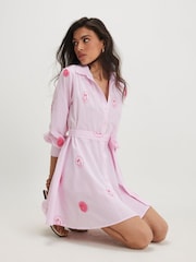 River Island Pink Long Sleeve Stripe Smiley Embroidered Belted Shirt Dress - Image 3 of 4