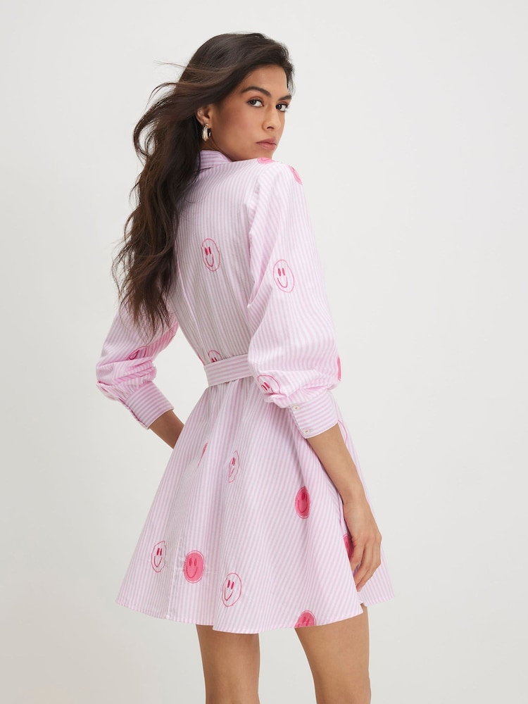 River Island Pink Long Sleeve Stripe Smiley Embroidered Belted Shirt Dress - Image 4 of 4