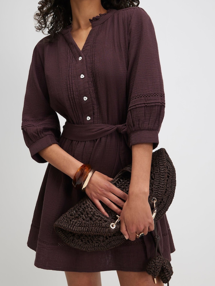 River Island Brown Puff Sleeve Textured Mini Dress - Image 1 of 4 River Island Brown Puff Sleeve Textured Mini Dress - Image 1 of 4