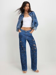 River Island låg midja blommiga avslappnade raka jeans - Bild 1 av 4
