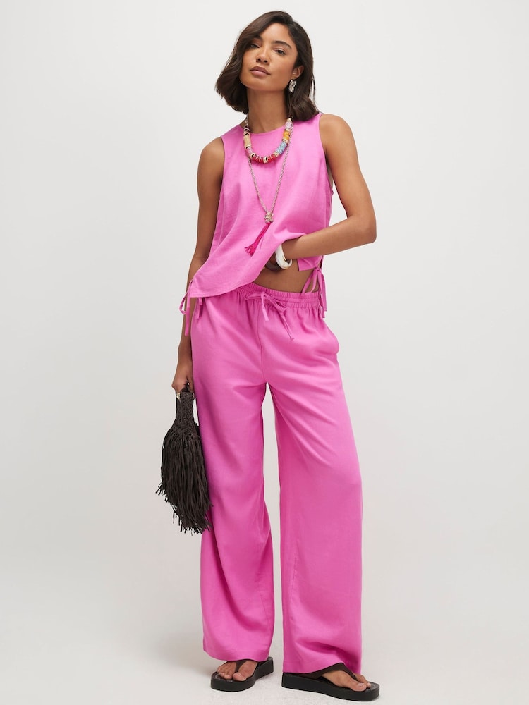 River Island Pink Linen Blend Elasticated Trousers - Image 1 of 4