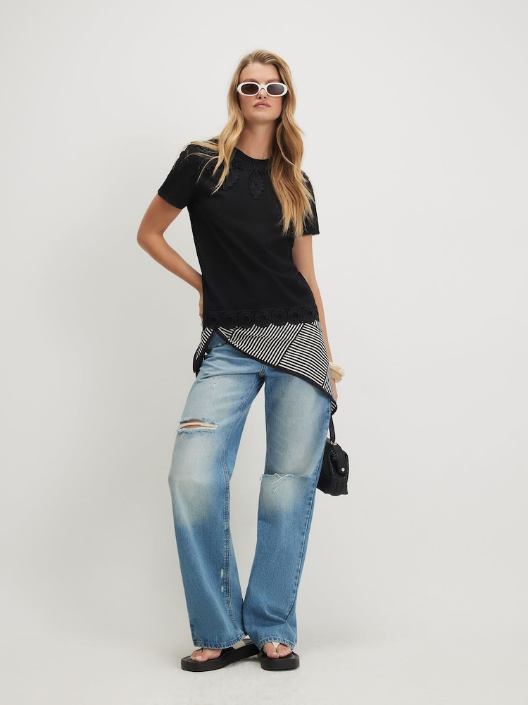 River Island Black Short Sleeve Embroidered T-Shirt - Image 1 of 4