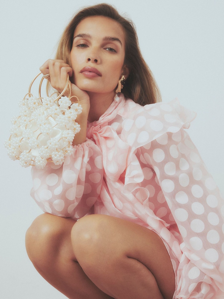 River Island Cream Pearl Metal Handle Clutch Bag - Image 1 of 6