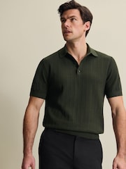 Charles Tyrwhitt Olive Green Cotton Stripe Knit Polo Shirt - Image 1 of 7
