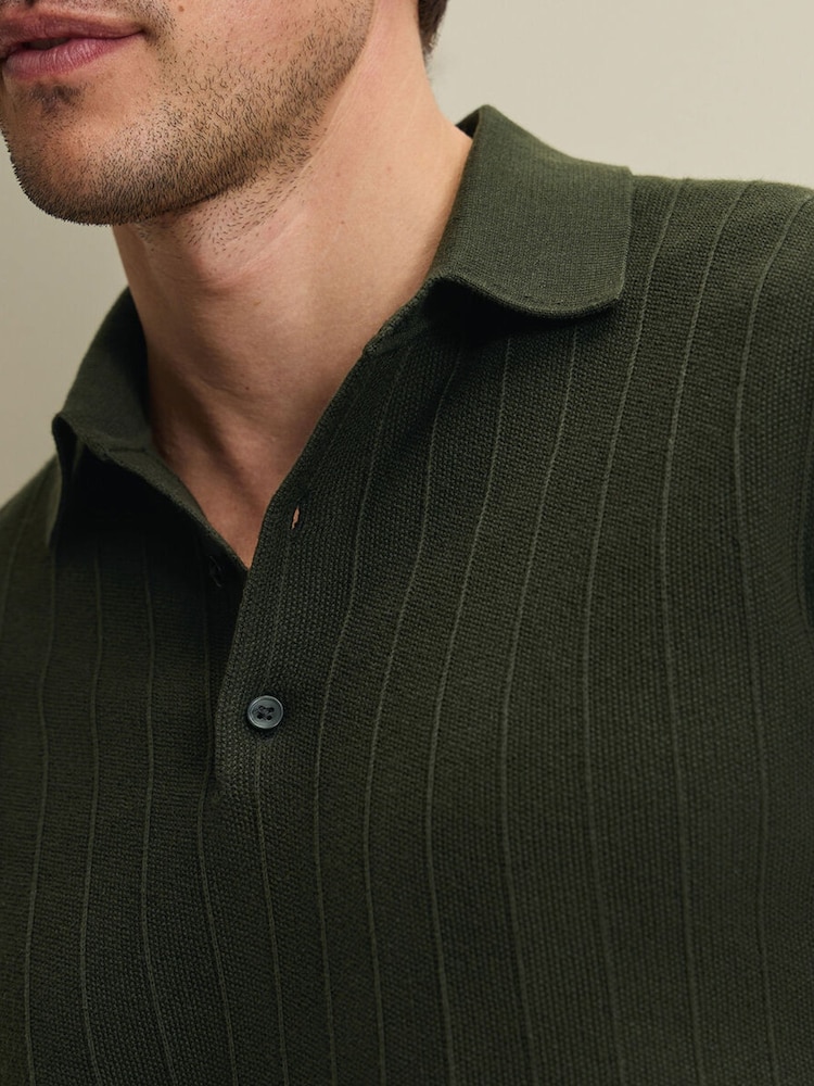 Charles Tyrwhitt Olive Green Cotton Stripe Knit Polo Shirt - Image 2 of 7 Charles Tyrwhitt Olive Green Cotton Stripe Knit Polo Shirt - Image 2 of 7