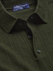 Charles Tyrwhitt Olive Green Cotton Stripe Knit Polo Shirt - Image 6 of 7