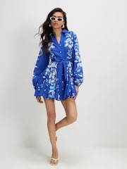 River Island Blue Long Sleeve Floral Belted Shirt Dress - Image 1 of 4