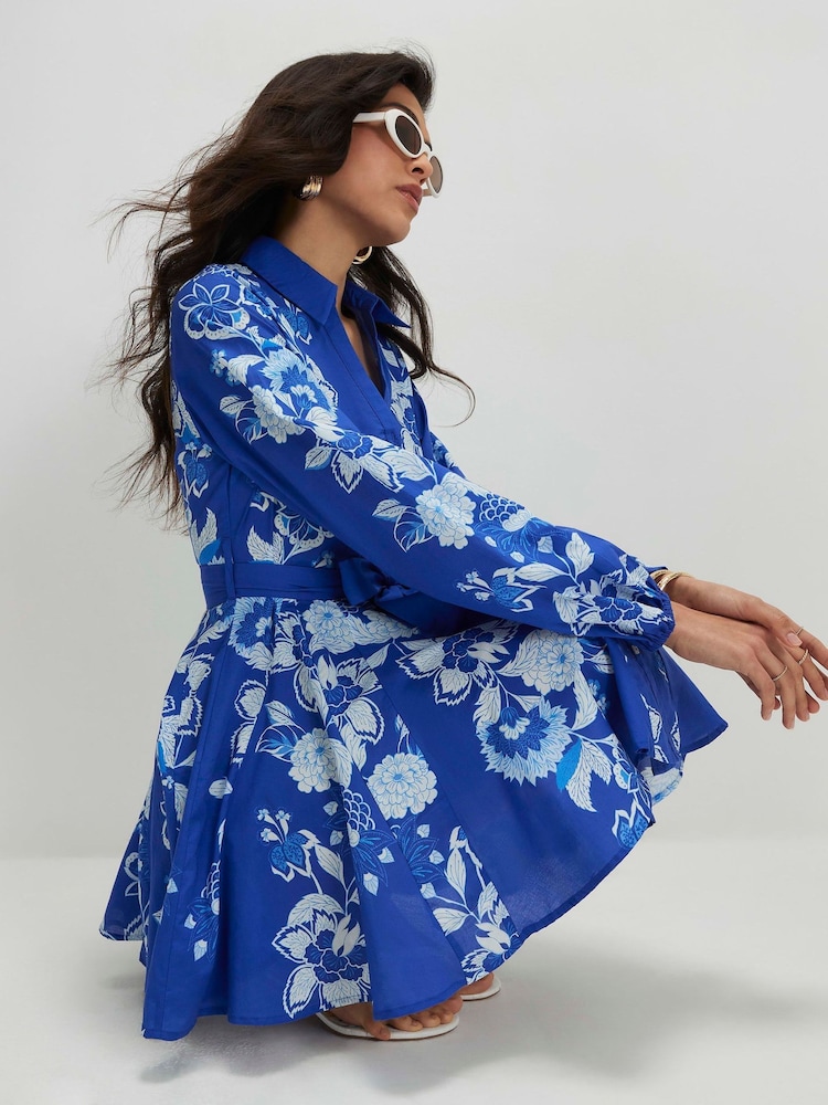 River Island Blue Long Sleeve Floral Belted Shirt Dress - Image 2 of 4