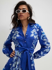 River Island Blue Long Sleeve Floral Belted Shirt Dress - Image 3 of 4