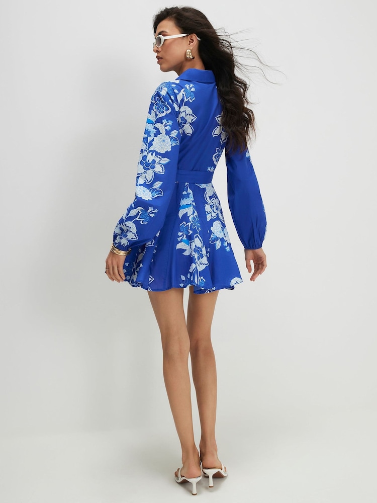 River Island Blue Long Sleeve Floral Belted Shirt Dress - Image 4 of 4