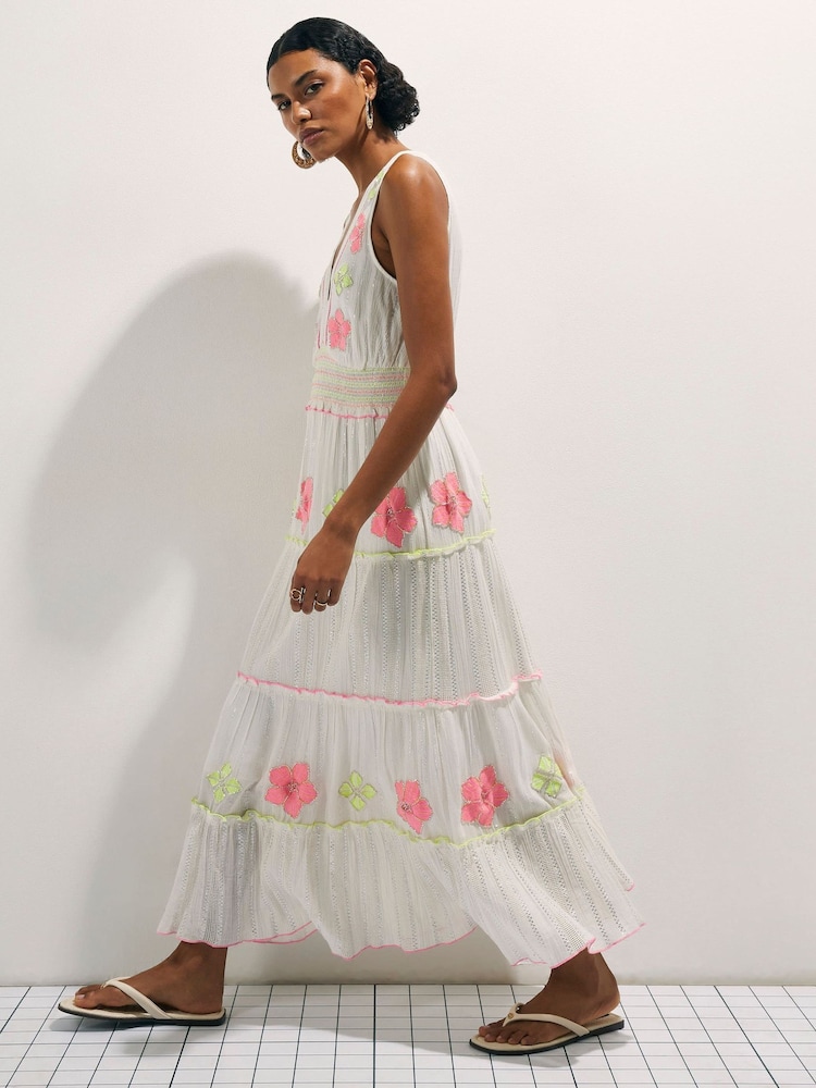 River Island Cream Sleeveless Floral Embellished Maxi Dress - Image 1 of 4 River Island Cream Sleeveless Floral Embellished Maxi Dress - Image 1 of 4
