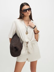 River Island Natural Short Sleeve Tie Front Linen Blend Shirt - Image 1 of 4