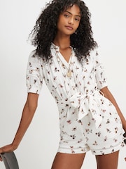 River Island Cream Short Sleeve Floral Print Textured Playsuit - Image 2 of 4