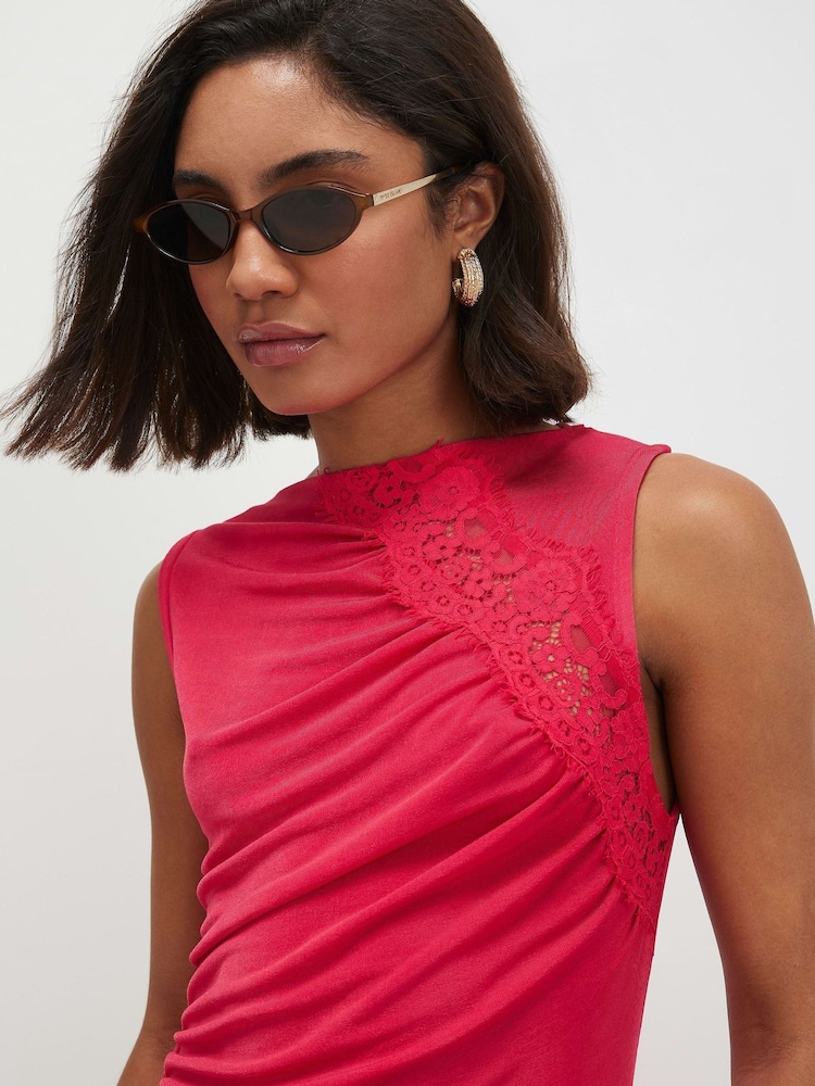 River Island Red Sleeveless Lace Trim Asymmetric Tunic Top - Image 4 of 4