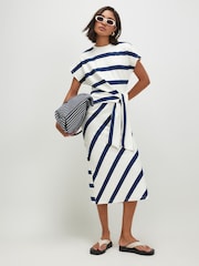 River Island Cream Short Sleeve Premium Stripe Tie Side Midi Dress - Image 1 of 4