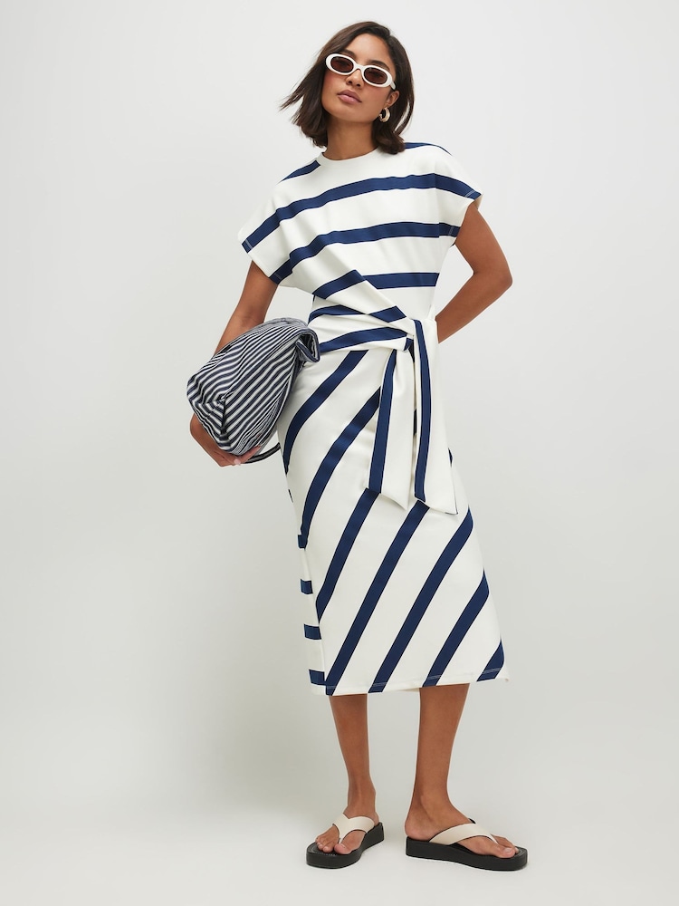 River Island Cream Short Sleeve Premium Stripe Tie Side Midi Dress - Image 1 of 4