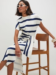 River Island Cream Short Sleeve Premium Stripe Tie Side Midi Dress - Image 3 of 4