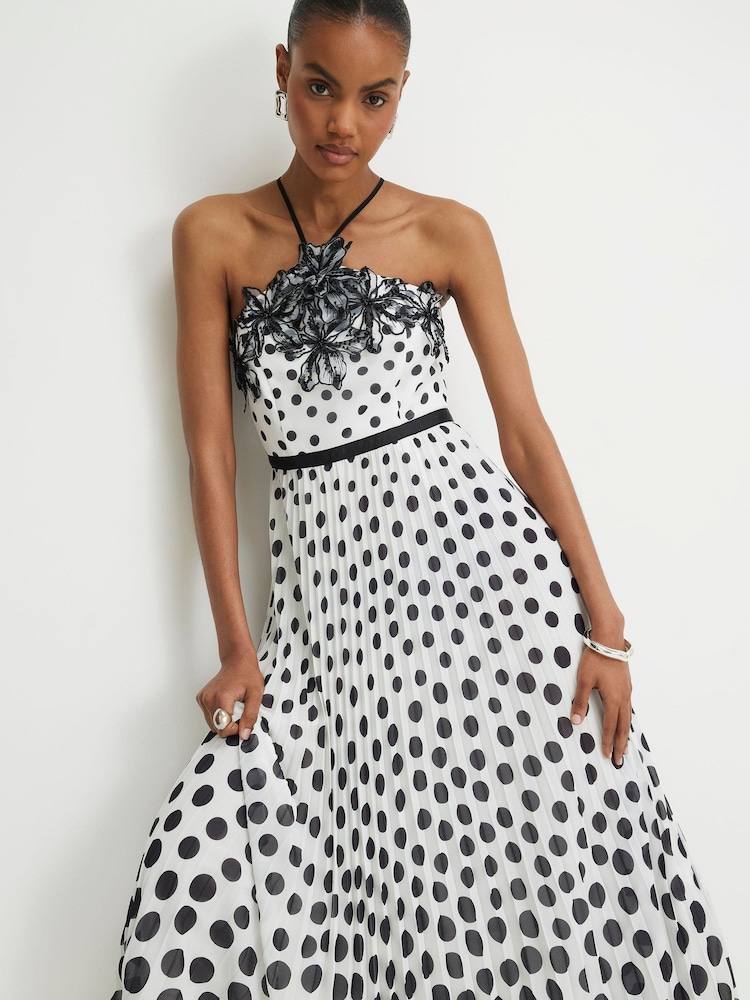 River Island White Sleeveless Polka Dot Halterneck Applique Maxi Dress - Image 1 of 4