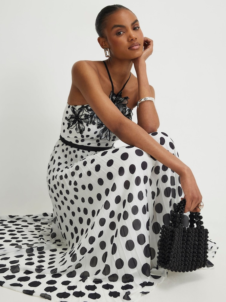 River Island White Sleeveless Polka Dot Halterneck Applique Maxi Dress - Image 2 of 4