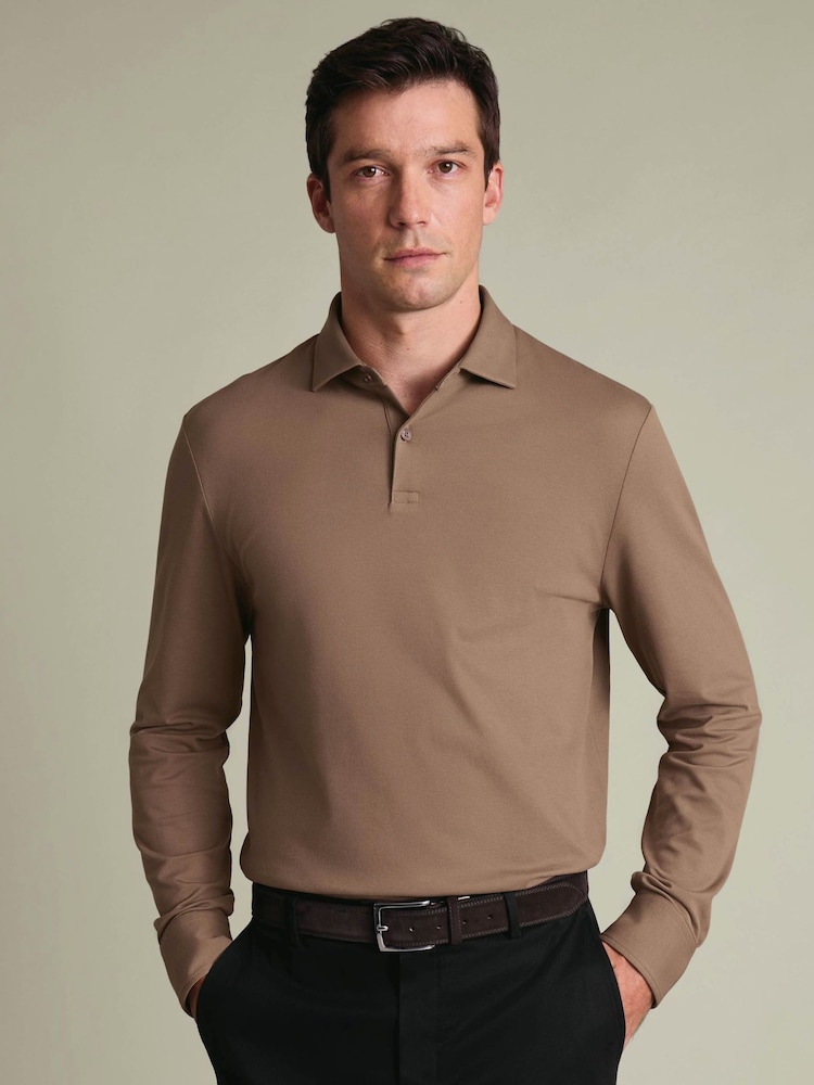 Braun - Charles Tyrwhitt Langarm-Polo-Shirt aus Baumwoll-Stretch-Smart-Piqué - Bild 2 von 5 Braun - Charles Tyrwhitt Langarm-Polo-Shirt aus Baumwoll-Stretch-Smart-Piqué - Bild 2 von 5