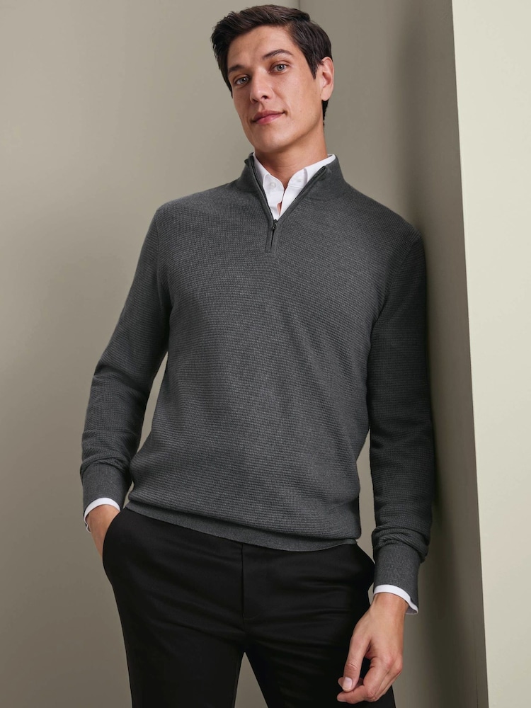 Charles Tyrwhitt 纯美利奴羊毛质感拉链领套头毛衣 - 5的图像1｝