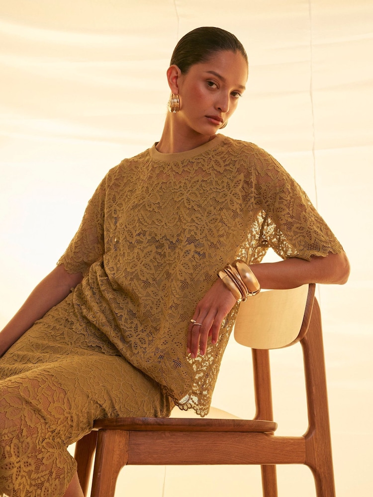 River Island Short Sleeve Lace T-Shirt - 4的图像1｝