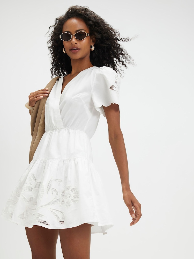 River Island Cream Short Sleeve Poplin Cutwork Mini Dress - Image 1 of 4 River Island Cream Short Sleeve Poplin Cutwork Mini Dress - Image 1 of 4