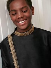 Black Regular Length Embroidered Boys Kurta (3-16yrs) - Image 3 of 8