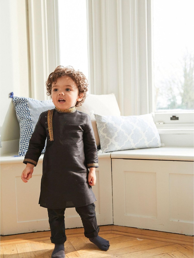 Black Regular Length Embroidered Boys Kurta (3mths-7yrs) - Image 1 of 5