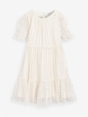 Ivory White Sparkle Mesh Short Sleeve Tiered Party Dress (3-16yrs) - Image 1 of 3