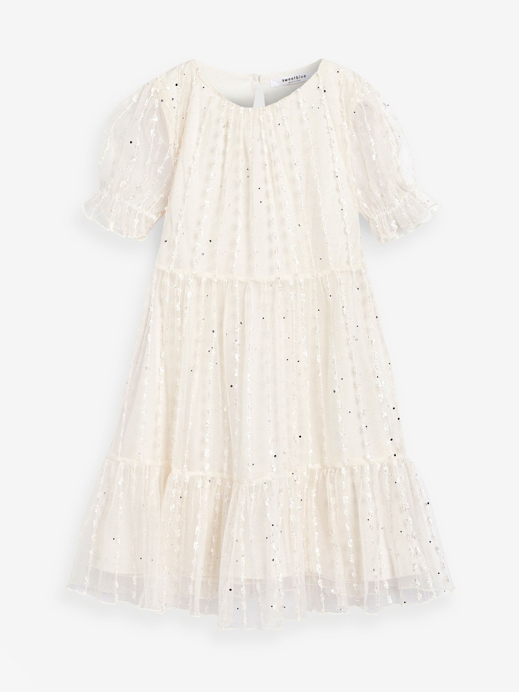Ivory White Sparkle Mesh Short Sleeve Tiered Party Dress (3-16yrs) - Image 1 of 3