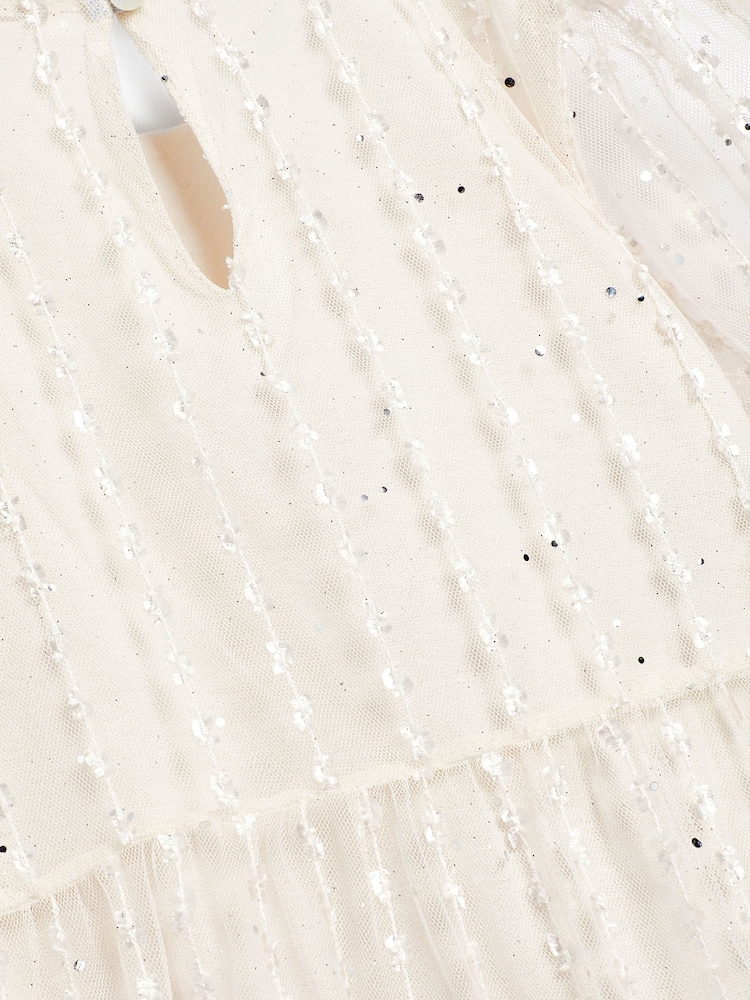 Ivory White Sparkle Mesh Short Sleeve Tiered Party Dress (3-16yrs) - Image 2 of 3