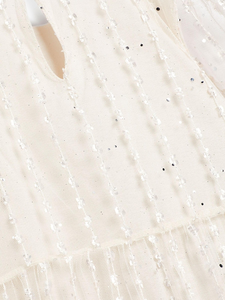 Ivory White Sparkle Mesh Short Sleeve Tiered Party Dress (3-16yrs) - Image 3 of 3