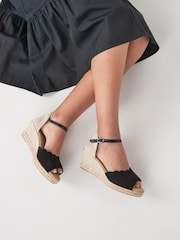 Black Forever Comfort® Scalloped Peep Toe Wedges - Image 1 of 9