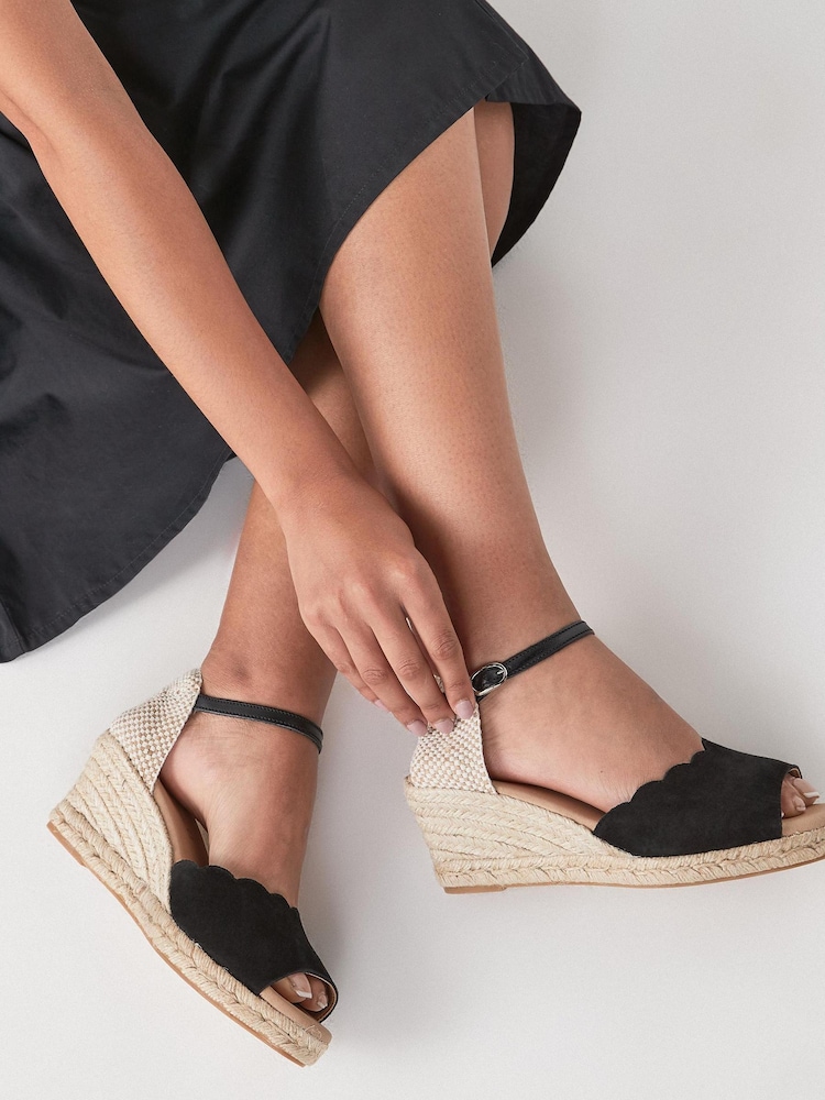 Black Forever Comfort® Scalloped Peep Toe Wedges - Image 2 of 9