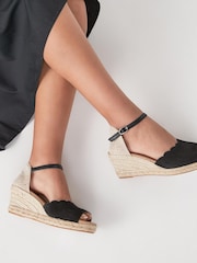 Black Forever Comfort® Scalloped Peep Toe Wedges - Image 4 of 9