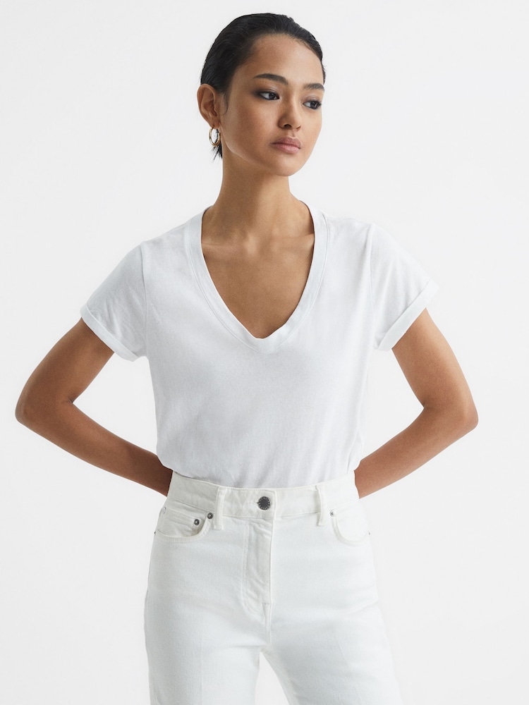 Reiss White Luana Cotton-Jersey V-Neck T-Shirt - Image 1 of 6