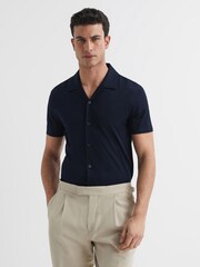 Reiss Navy Caspa Mercerised 100% Cotton Jersey Cuban Collar Shirt - Image 1 of 6
