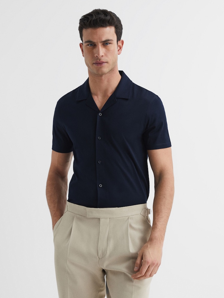 Reiss Navy Caspa Mercerised 100% Cotton Jersey Cuban Collar Shirt - Image 1 of 6