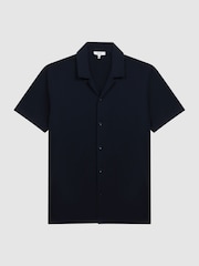 Reiss Navy Caspa Mercerised 100% Cotton Jersey Cuban Collar Shirt - Image 2 of 6