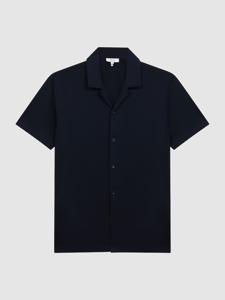 Reiss Navy Caspa Mercerised 100% Cotton Jersey Cuban Collar Shirt - Image 2 of 6 Reiss Navy Caspa Mercerised 100% Cotton Jersey Cuban Collar Shirt - Image 2 of 6